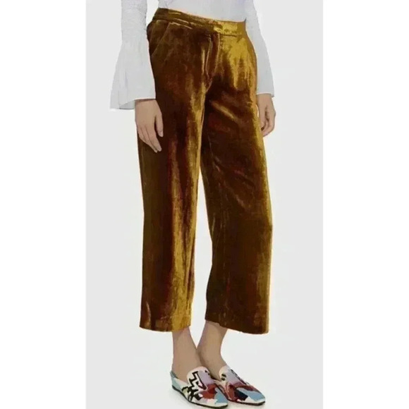 $525 ALC A.l.c. Womens 4 Orange Gold Shiny High Rise Velour Velvet Wide Pants - Picture 1 of 7